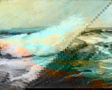 Estelle M Landry (US,mid 20C) oil painting: ARTIST: Estelle M Landry (American, mid 20 century) TITLE: Rocky Coast YEAR: 1957 MEDIUM: oil on canvas board CONDITION: Some separation of canvas from b