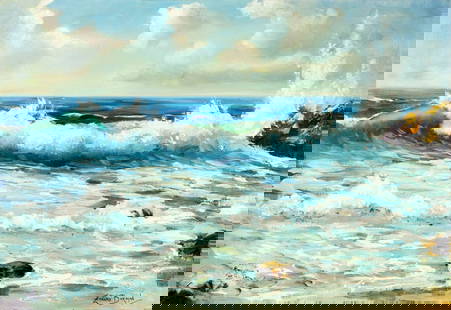 Leonard Borman (CA,OR,1894-1995) oil painting: ARTIST: Leonard Borman (California, Oregon, 1894 - 1995) TITLE: Seascape MEDIUM: oil on canvas CONDITION: Missing a few flakes of paint. Some craquelure. No visible inpain