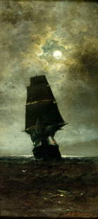 Franklin Briscoe (PA,MD,1844-1903) oil painting antique: ARTIST: Franklin Dullin Briscoe (Pennsylvania, Maryland, 1844 - 1903) TITLE: Moonlit Seascape with Sail Ship MEDIUM: oil on canvas CONDITION: Relined. Very good. Minor cra