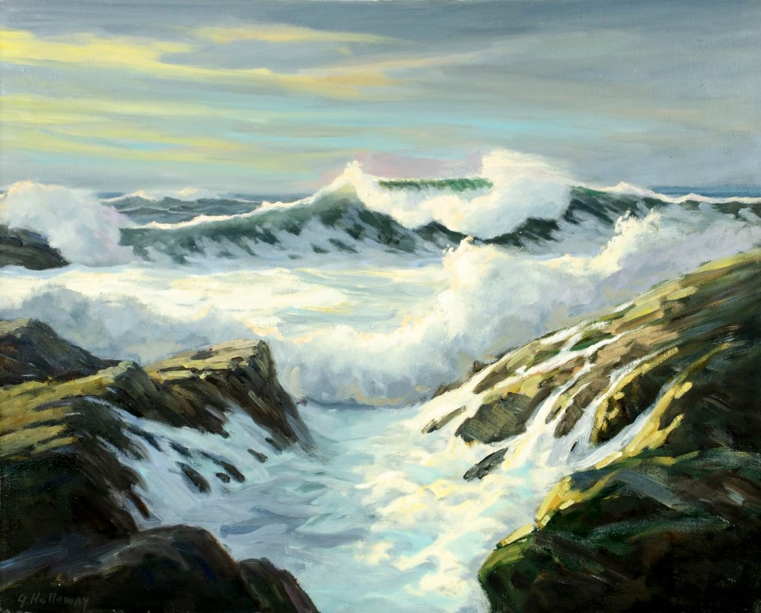 George Holloway (NJ,20C) oil painting: ARTIST: George Holloway (New Jersey, 20 century) TITLE: Sunset Seascape MEDIUM: oil on canvas CONDITION: Missing a few flakes of paint. No visible inpaint under UV light. No
