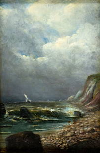 Antique 19C American oil painting: ARTIST: - (American, 19 century) TITLE: Cloudy Seascape with Sailboat YEAR: circa 1900 MEDIUM: oil on board CONDITION: Very minor scratches/paint losse