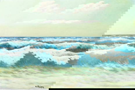 Edouard Mandon (France,1885-1977) oil painting: ARTIST: Edouard Mandon (French, 1885 - 1977) TITLE: Seascape MEDIUM: oil on canvas CONDITION: Unstretched (In-House stretching available). Few small paint losses. Some cra
