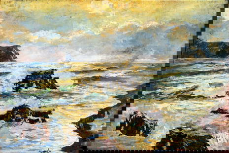 Hughes (US,mid 20C) oil painting: ARTIST: Hughes (American, mid 20 century) TITLE: Seascape MEDIUM: oil on board CONDITION: Few minor paint losses. No visible inpaint under UV light. ART SIZE: 24 x 36 inches / 60 x 91 cm FRAME SIZE: