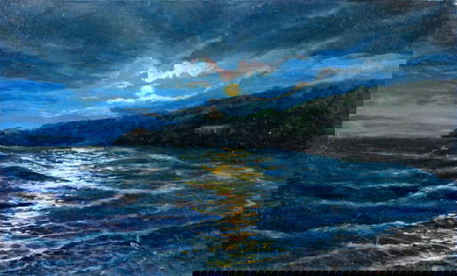Viktor Ilyushkin (Russia,b 1946) oil painting: ARTIST: Viktor Nikolayevich Ilyushkin (Russian, born 1946) TITLE: Seascape - Night Sea (titled on verso) MEDIUM: oil on canvas CONDITION: Unstretched (In-House stretching available). Very good. No