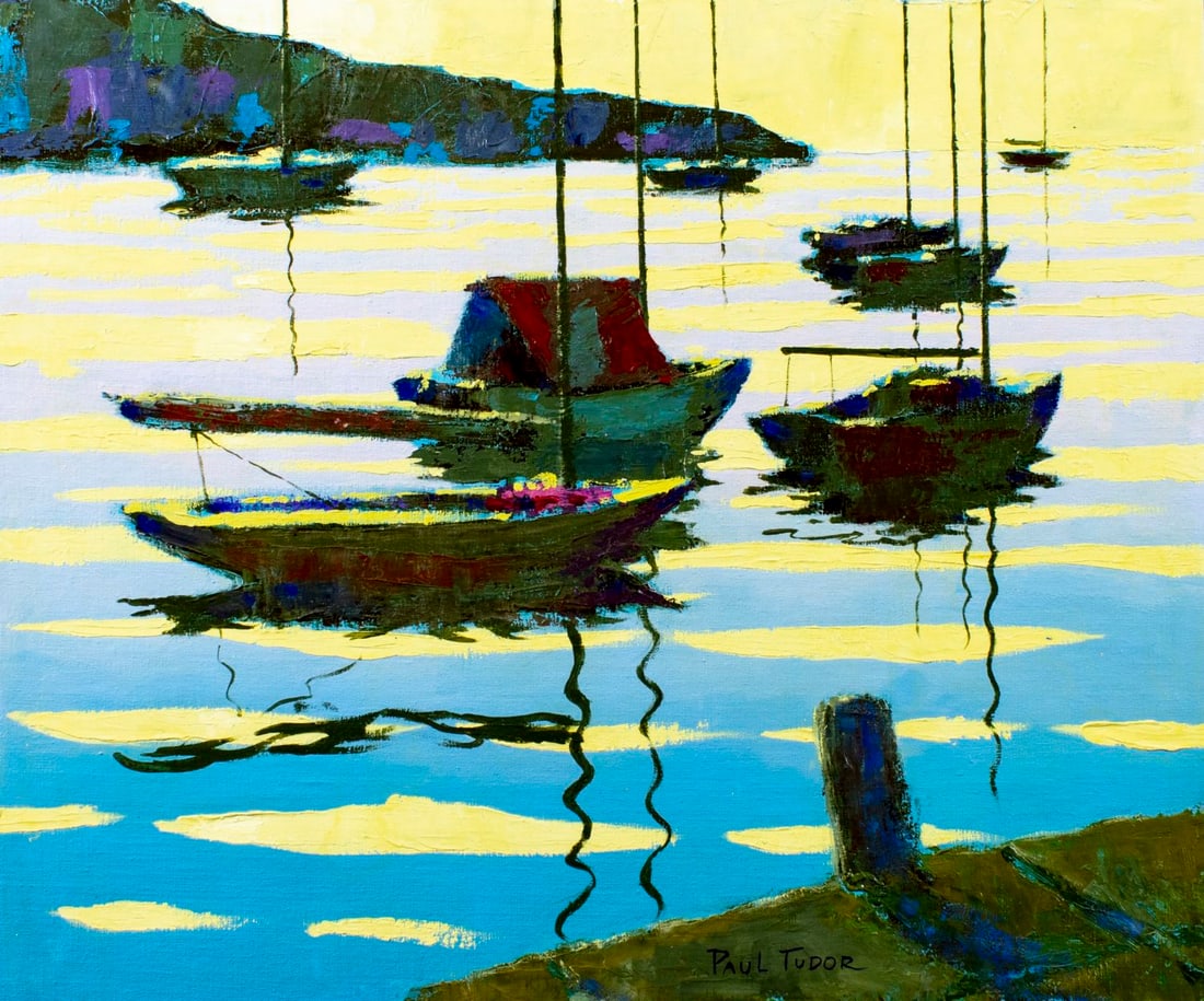 Paul Tudor (20C) oil painting: ARTIST: Paul Tudor (20 century) TITLE: Coastal Landcape with Boats MEDIUM: oil on canvas CONDITION: Unstretched (In-House stretching available). Overall good. No visible inp