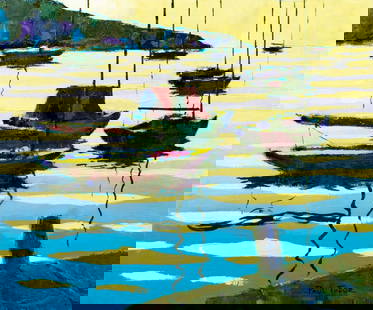 Paul Tudor (20C) oil painting: ARTIST: Paul Tudor (20 century) TITLE: Coastal Landcape with Boats MEDIUM: oil on canvas CONDITION: Unstretched (In-House stretching available). Overall good. No visible inpaint under UV light. ART