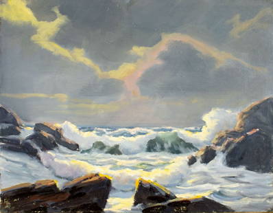 George Holloway (NJ,20C) oil painting: ARTIST: George Holloway (New Jersey, 20 century) TITLE: Cloudy Sunset Seascape MEDIUM: oil on canvas board CONDITION: Minor paint losses. No visible inpaint under UV light.<