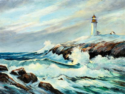 Harold Sautter (MA,20C) oil painting: ARTIST: Harold Sautter (Massachusetts, 20 century) TITLE: Lighthouse Seascape MEDIUM: oil on canvas board CONDITION: Few small scratches/paint losses. Some small brown spots