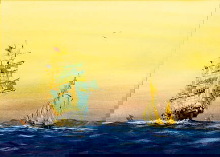 Barry K Barnes (UK,early 20C) watercolor painting: ARTIST: Barry K Barnes (United Kingdom, early 20 century) TITLE: Sailing Ship - On the Evening Tide MEDIUM: watercolor on paper CONDITION: Minor age toning. Framed under glass. Minor damges to frame.