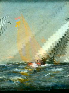 Lemuel Eldred (MA,1848-1921) oil painting antique: ARTIST: Lemuel D Eldred (Massachusetts, 1848 - 1921) TITLE: Sail Ship at Sea MEDIUM: oil on canvas CONDITION: Relined. Few very minor paint losses along edges. Minor craquelure. No visible inpaint