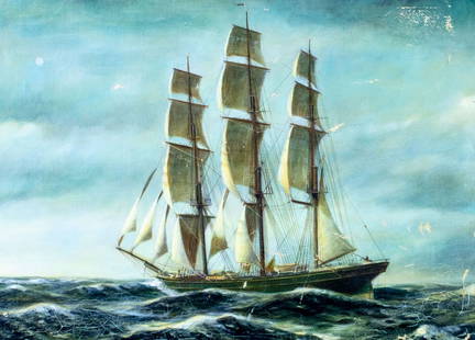 John W Schmidt (MA,20/21C) oil painting: ARTIST: John W Schmidt (Massachusetts, 20/21st centuries) TITLE: Sail Ship - Fiery Cross YEAR: 1959 MEDIUM: oil on canvas CONDITION: Restretched. Some fl