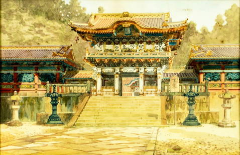 Masano Kawakubo (Japan,19/20C) watercolor painting antique: ARTIST: Masano Kawakubo (Japanese, 19/20 centuries) TITLE: Toshogu Shrine, Tokyo MEDIUM: watercolor on paper CONDITION: Some age toning. Some foxing. Framed under glass. Wear to frame. ART SIZE: 13 x