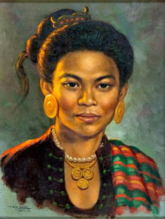 Benjamin Alano (Philippines,1920-1991) oil painting: ARTIST: Benjamin P Alano (Philippines, 1920 - 1991) TITLE: Portrait of Woman YEAR: 1952 MEDIUM: oil on canvas. Canvas applied to board. CONDITION: Few very minor scratches/paint losses mostly in