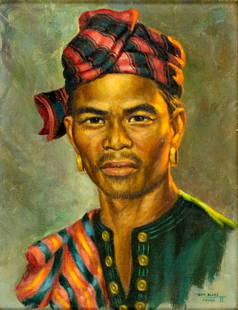 Benjamin Alano (Philippines,1920-1991) oil painting: ARTIST: Benjamin P Alano (Philippines, 1920 - 1991) TITLE: Portrait of Man YEAR: 1952 MEDIUM: oil on canvas. Canvas applied to board. CONDITION: Minor paint losses. No visible inpaint under UV