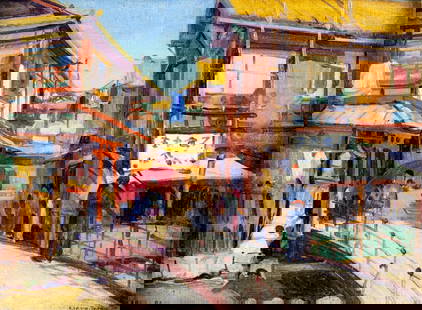 Carl Brandien (NY,1886-1965) oil painting antique: ARTIST: Carl William Brandien (New York, 1886 - 1965) TITLE: Kyoto Street Scene, Japan (titled on verso) YEAR: 1930 MEDIUM: oil on canvas. Canvas applied to board.