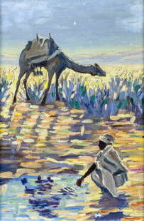Vintage mid 20C American oil painting: ARTIST: - (American, mid 20 century) TITLE: Arab Man with Camel MEDIUM: oil on canvas board CONDITION: Small paint losses. No visible inpaint under UV light. Wear to frame