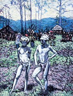 Evelyn Metzger (NY,Brazil,1911-2007) oil painting: ARTIST: Evelyn Borchard Metzger (New York, Brazilian, 1911 - 2007) TITLE: Tribal Men MEDIUM: oil on board CONDITION: Minor scratches/paint losses mostly along edges. No visi