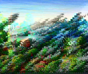 Jean Louis Bonaventure (Haiti,20/21C) oil painting: ARTIST: Jean Louis Bonaventure (Haitian, 20/21 centuries) TITLE: Haitian Village Landscape YEAR: 1983 MEDIUM: oil on canvas CONDITION: Few minor paint lo