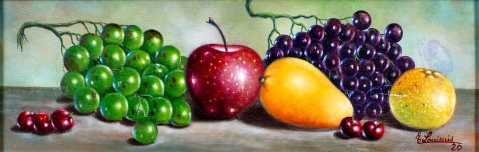 Emile Louisius (Haiti,b 1964) oil painting: ARTIST: Emile Louisius (Haitian, born 1964) TITLE: Haitian Stil Life with Fruits YEAR: 2020 MEDIUM: oil on canvas CONDITION: Some scratches/paint losses.