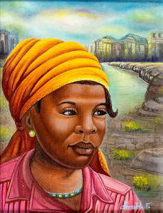 Florestal Esdras (Haiti,20/21C) oil painting: ARTIST: Florestal Esdras (Haitian, 20/21 centuries) TITLE: Portrait of Haitian Woman MEDIUM: oil on canvas CONDITION: Few minor scratches/paint losses. No visible inpaint under UV light. Some small