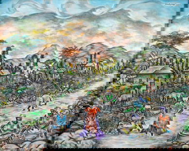 Gary Fong (Haiti,20C) oil painting: ARTIST: Gary Fong (Haitian, 20 century) TITLE: Haitian Village Scene MEDIUM: oil on canvas CONDITION: Minor scratches/paint losses. Minor craquelure. No visible inpaint under UV light. ART SIZE: 24