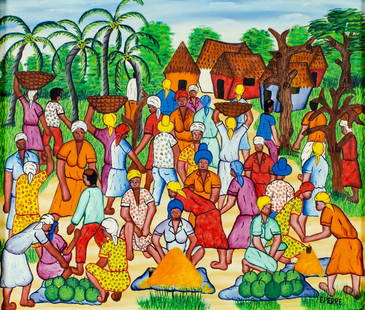 Eddy Pierre (Haiti,20C) oil painting: ARTIST: Eddy Pierre (Haitian, 20 century) TITLE: Haitian Market Scene MEDIUM: oil on canvas CONDITION: Few very minor paint losses. Minor craquelure. No visible inpaint under UV light. ART SIZE: 20