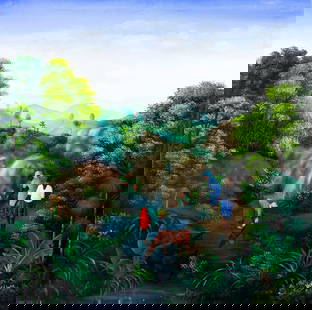 L Valantry (Haiti,20C) oil painting: ARTIST: L Valantry (Haitian, 20 century) TITLE: Haitian Stream Landscape MEDIUM: oil on canvas CONDITION: Minor scratches/paint losses mostly along edges. Minor craquelure. No visible inpaint under