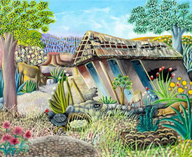 Louines Mentor (Haiti,1936-?) oil painting: ARTIST: Louines Mentor (Haitian, 1936 - ???) TITLE: Haitian Village Landscape with Animals MEDIUM: oil on canvas CONDITION: Few minor scratches/paint losses. Very minor cr