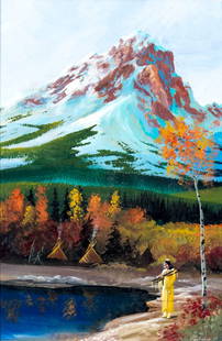 Jeff Yellowhair (Kiowa,OK,20/21C) gouache painting: ARTIST: Jeff Yellowhair (Kiowa, Oklahoma, 20/21 century) NAME: Western Scene YEAR: 1988 MEDIUM: gouache on board CONDITION: Excellent SIGHT SIZE: 12 x 8 inches / 30 x 20 cm MAT SIZE: 20 x 16 inches /
