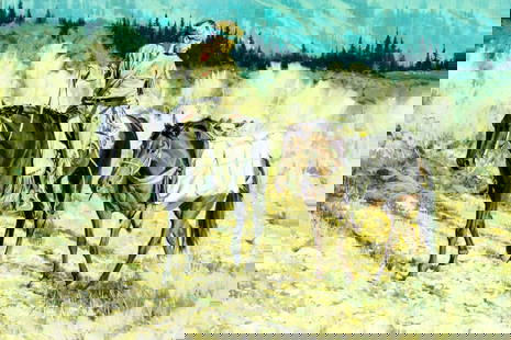 Paul Mann (Utah,b 1955) oil painting: ARTIST: Paul Mann (Utah, born 1955) NAME: Mountain Man with Two Horses YEAR: 1995 MEDIUM: oil on board CONDITION: Minor damages to corners. No visible inpaint under UV li
