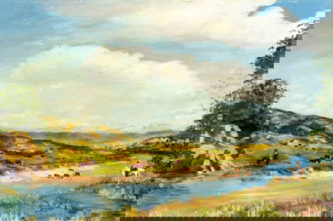 Brown Jarrett (US,20C) oil painting: ARTIST: Brown Jarrett (American, 20 century) TITLE: Riding Herd in Foothills MEDIUM: oil on board CONDITION: Few small scratches/paint losses. Minor craquelure. Some scatter