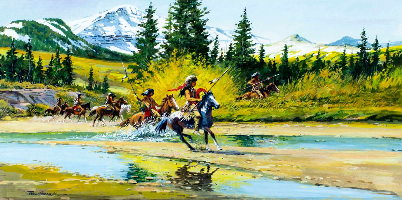 Paul Abram Jr (AZ,IN,1933-2005) gouache painting: ARTIST: Paul Abram Jr (Arizona, Indianna, 1933 - 2005) TITLE: War Party MEDIUM: watercolor and gouache on paper CONDITION: Very good. Framed under glass. Wear to frame.