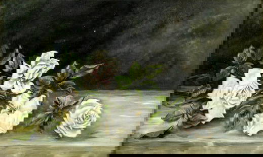 Antique early 20C American oil painting: ARTIST: - (American, early 20 century) TITLE: Still Life with White Roses MEDIUM: oil on canvas CONDITION: One small patch. Few minor paint losses. No visible inpaint unde