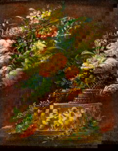 Antique early 20C European oil painting: ARTIST: - (Europe, early 20 century) TITLE: Still Life with Vase of Flowers MEDIUM: oil on board CONDITION: Few very minor paint losses. Minor craquelure. Some scattered v