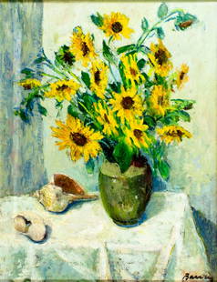 Albert Bela Bauer (Hungary,1899-1998) oil painting: ARTIST: Albert Bela Bauer (Hungarian, 1899 - 1998) TITLE: Still Life with Vase of Sunflowers and Shells MEDIUM: oil on canvas CONDITION: Some dent by the left edge. Some p