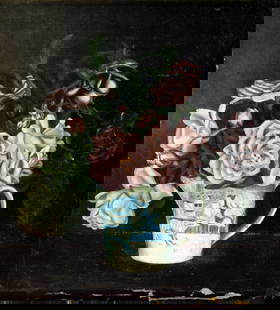 Antique early 20C American oil painting: ARTIST: - (American, early 20 century) TITLE: Still Life with Vase of Flowers MEDIUM: oil on canvas CONDITION: Some paint losses mostly along the lower edge. No visible in