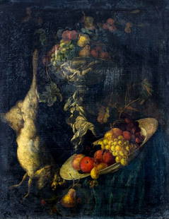 M Tartaglia (Europe,19C) oil painting antique: ARTIST: M Tartaglia (European, 19 century) TITLE: Still Life with Hare and Fruits MEDIUM: oil on canvas CONDITION: Relined. Restretched. Some stable craquelure. Few minor in