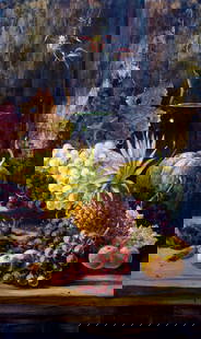 H Stone (Europe,19C) oil painting antique: ARTIST: H Stone (European, 19 century) TITLE: Still Life with Fruits MEDIUM: oil on canvas CONDITION: Some paint losses mostly by the lower edge (see pictures carefully). So