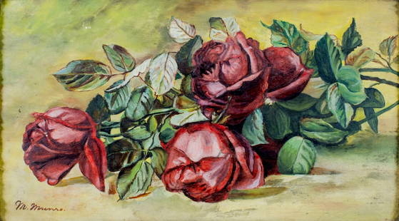 ATTR Mable Victoria Munro (US,1885-1960) oil painting: ARTIST: ATTRIBUTED TO Mable Victoria Munro (American, 1885 - 1960) TITLE: Still Life with Red Roses MEDIUM: oil on board CONDITION: Few minor paint losses. Minor craquelur