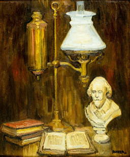 Richard Packer (NH,MA,1916-1998) oil painting: ARTIST: Richard Gordon Packer (New Hampshire, Massachusetts, 1916 - 1998) TITLE: The Student (titled on verso) YEAR: 1973 MEDIUM: oil on canvas board CONDITION: