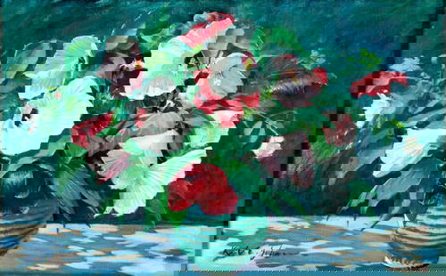 Antique early 20C American oil painting signed: ARTIST: - (American, early 20 century) TITLE: Still Life with Vase of Flowers MEDIUM: oil on canvas CONDITION: Few patches. Some small scratches/paint losses. Some craque