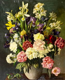 Antique 19C American oil painting: ARTIST: - (American, 19 century) TITLE: Still Life with Vase of Flowers MEDIUM: oil on canvas CONDITION: Relined. Some paint losses mostly by the upper edge. Some craquelu