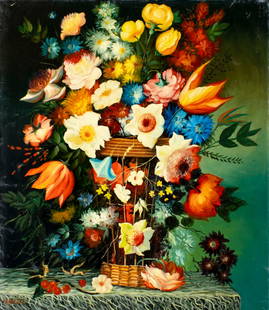 Roberto Michel (Spain,1944-?) oil painting: ARTIST: Roberto Michel (Spanish, 1944 - ???) TITLE: Still Life with Vase of Flowers MEDIUM: oil on canvas CONDITION: Unstretched (In-House stretching available). Minor scr