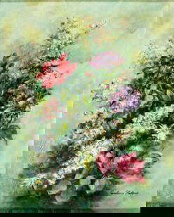 Constance Hoffert (US,mid 20C) oil painting: ARTIST: Constance Hoffert (American, mid 20 century) TITLE: Still Life with Flowers MEDIUM: oil on canvas board CONDITION: Some small paint losses. Some craquelure. Some sca