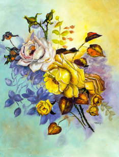 McKibben (US,20C) oil painting: ARTIST: McKibben (American, 20 century) TITLE: Still Life with Flowers YEAR: 1976 MEDIUM: oil on canvas CONDITION: Few minor faint scratches. No visible inpaint under UV light. ART SIZE: 24 x 18
