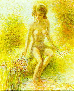 Louis Fabien (US,France,1924-2016) oil painting: ARTIST: Louis P Fabien (American, Belgian, French, 1924 - 2016) TITLE: Nu aux Fleurs YEAR: 1974 MEDIUM: oil on canvas CONDITION: Overall good. No visible inpaint under UV light. Wear to frame. ART