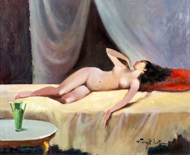 Joan Giralt Lerin (Spain,1907-?) oil painting: ARTIST: Joan Giralt Lerin (Spanish, 1907 - ???) TITLE: Nude MEDIUM: oil on canvas CONDITION: Unstretched (In-House stretching available). Some craquelure. No visible inpaint under UV light. ART