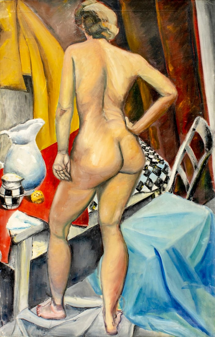 Vintage mid 20C American oil painting: ARTIST: - (American, mid 20 century) TITLE: Nude MEDIUM: oil on canvas CONDITION: Unstretched (In-House stretching available). Some scratches/paint losses. Some craquelure