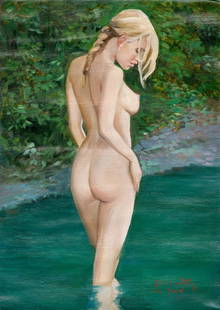 Zoriana Petriv (Ukraine,b 1994) oil painting: ARTIST: Zoriana Petriv (Ukrainian, born 1994) TITLE: Nude in the Lake (titled on verso) YEAR: 2016 MEDIUM: oil on canvas CONDITION: Unstretched (In-House stretching available). Very good. No visible