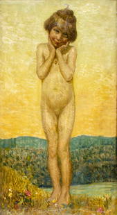 Antique early 20C American oil painting: ARTIST: - (American, early 20 century) TITLE: Nude Child MEDIUM: oil on canvas CONDITION: Three patches. Some paint losses. Some craquelure. Few scattered inpaintings.